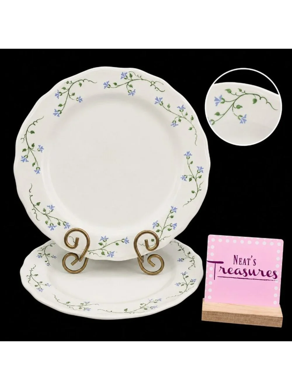 Too Fortunate Pottery FLORAL GRAPES Scalloped Rim Signed Dinner Plates Set of 2